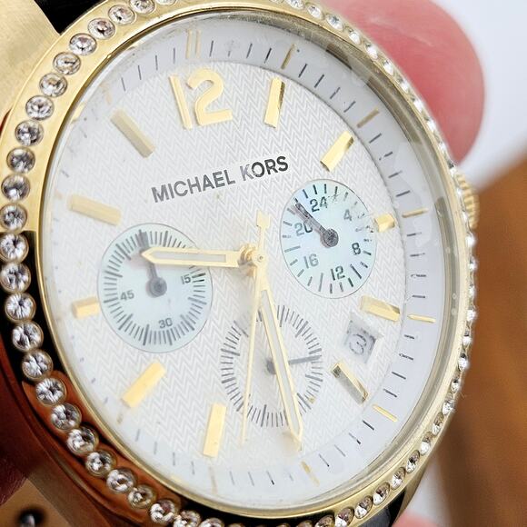 Michael Kors Women's Gold Tone Multi Dial Glitz Watch Brown Leather Band MK-5014 - Picture 3 of 7